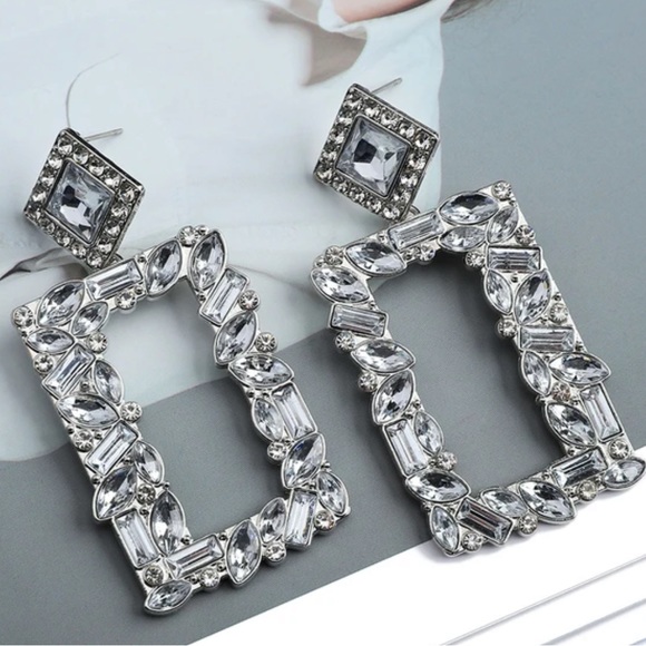 nOir rhinestone crystal square drop dangle earrings, statement jewelry - Picture 1 of 10